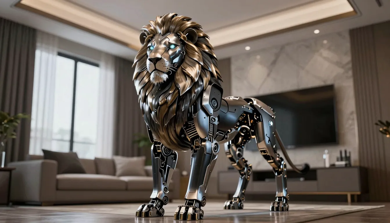 Stage 10: Final form, a majestic robotic lion standing in th...