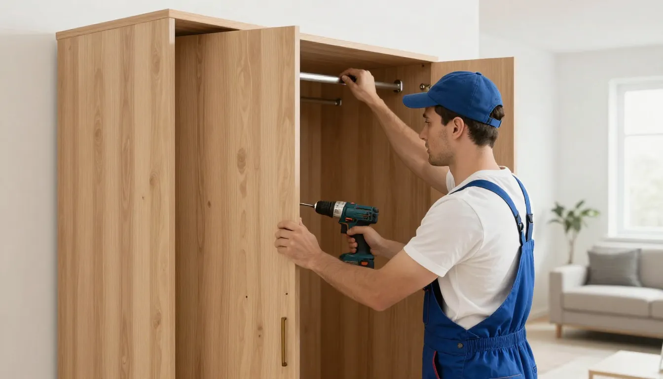A professional furniture assembler in a clean uniform with a...