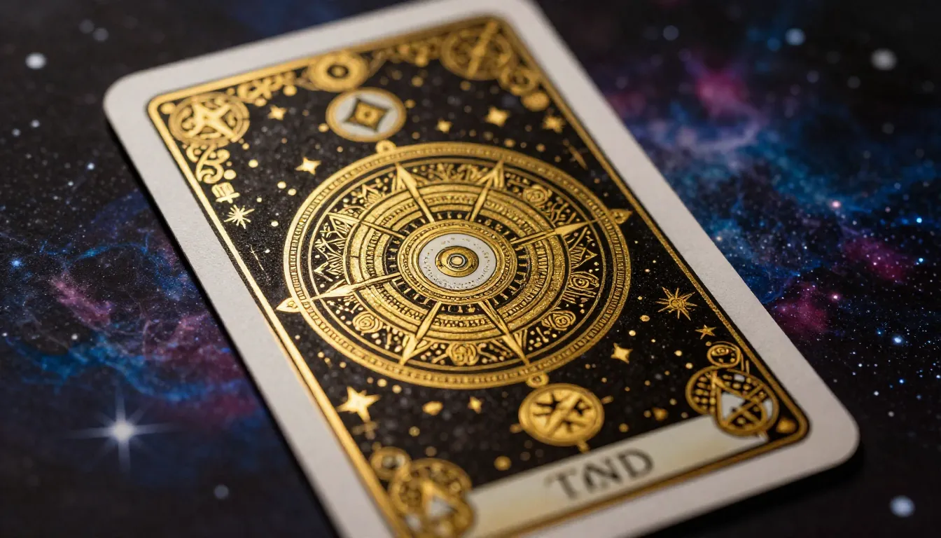 Mystical tarot card design, intricate gold patterns, esoteri...