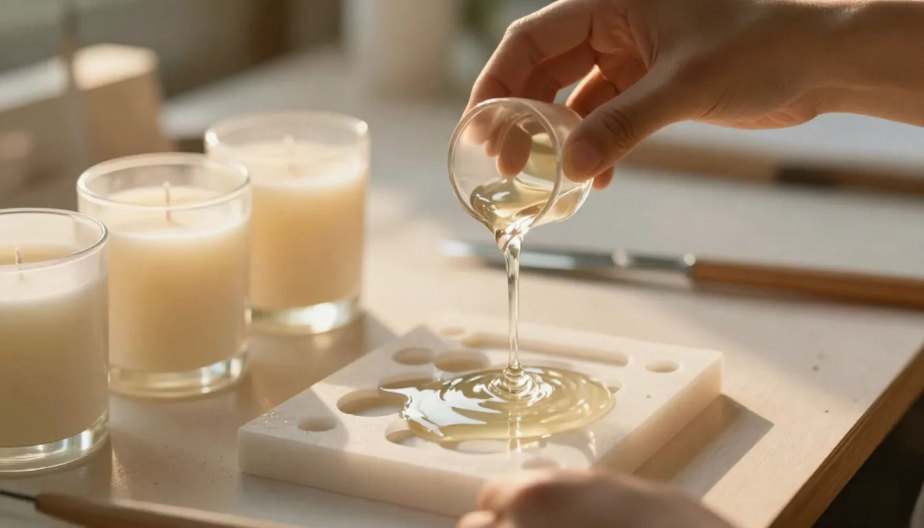 Close-up of a hand pouring clear epoxy resin into a mold nex...