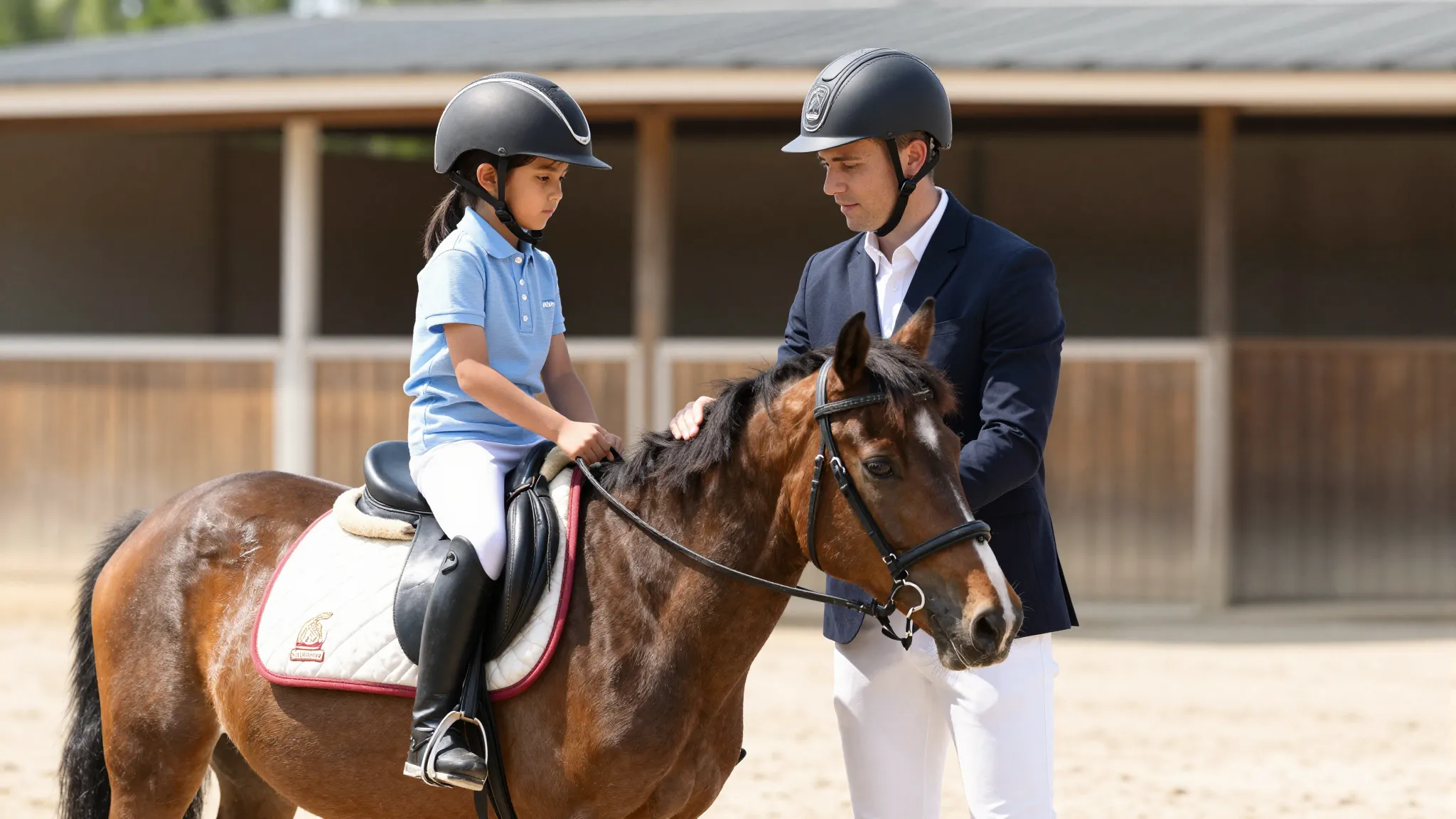 A professional equestrian coach teaching a young child on a ...
