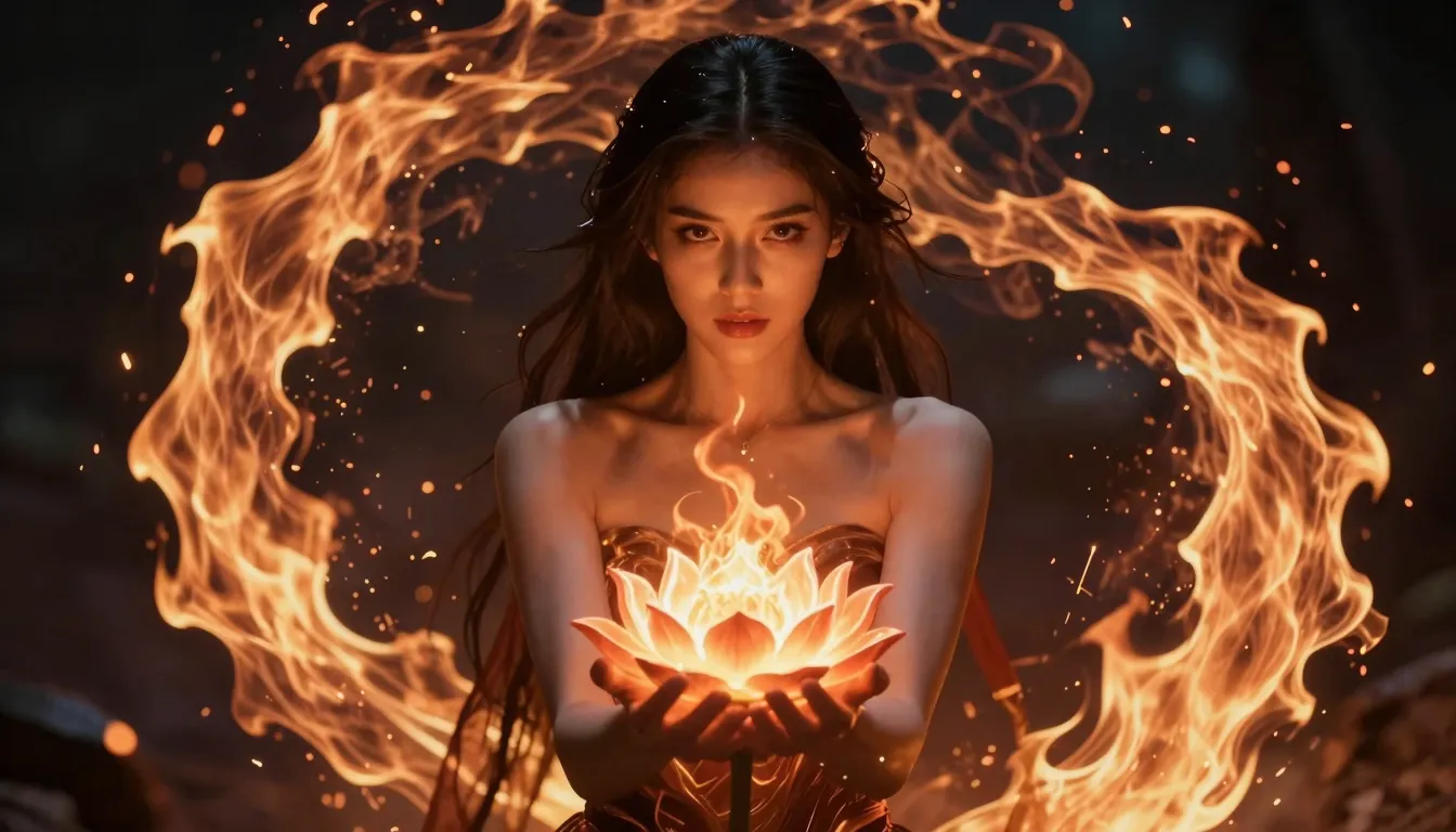 A stunning woman with a magnetic gaze walking forward, two s...