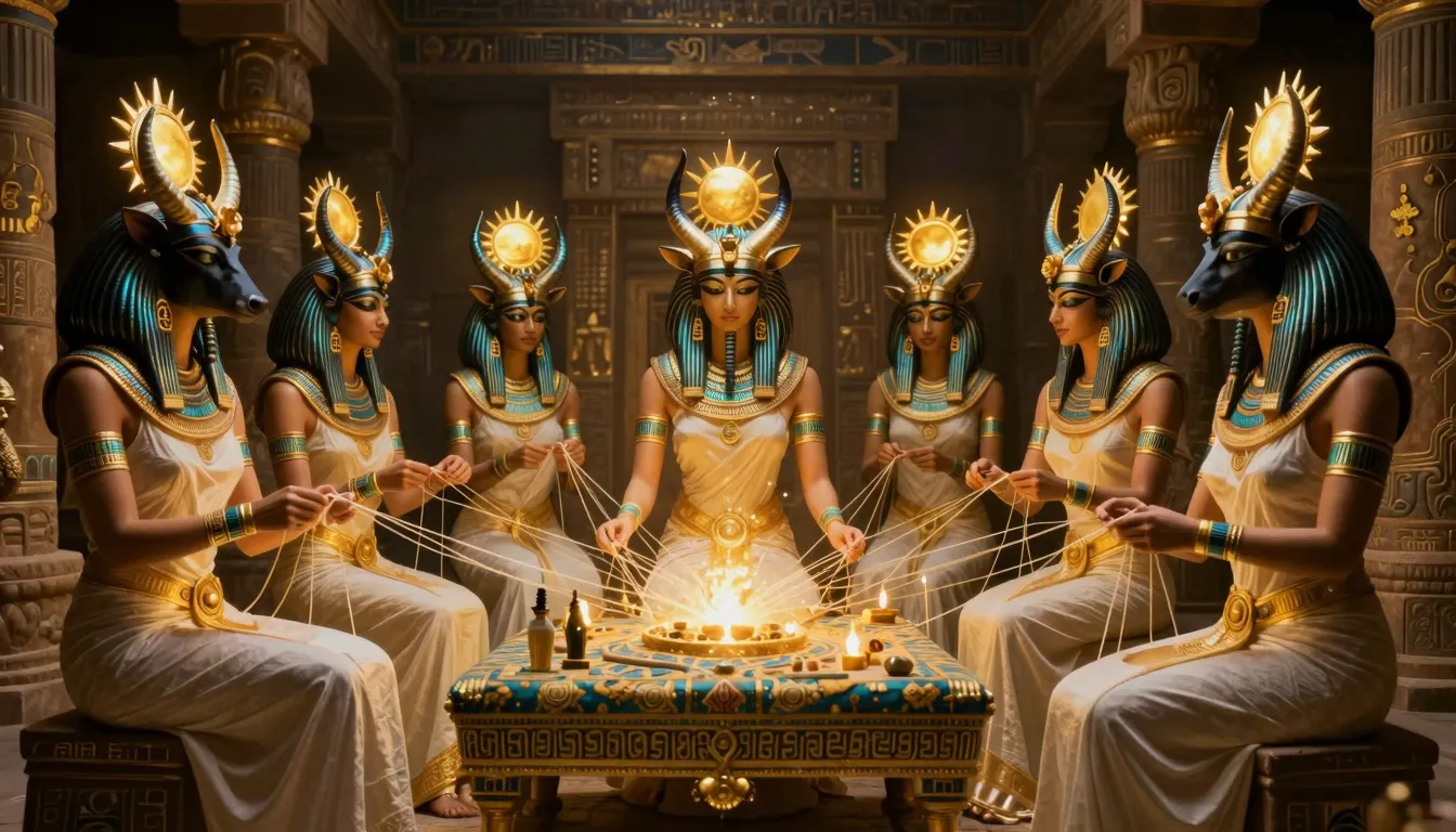 Seven ethereal Egyptian goddesses with sun disks and cow hor...