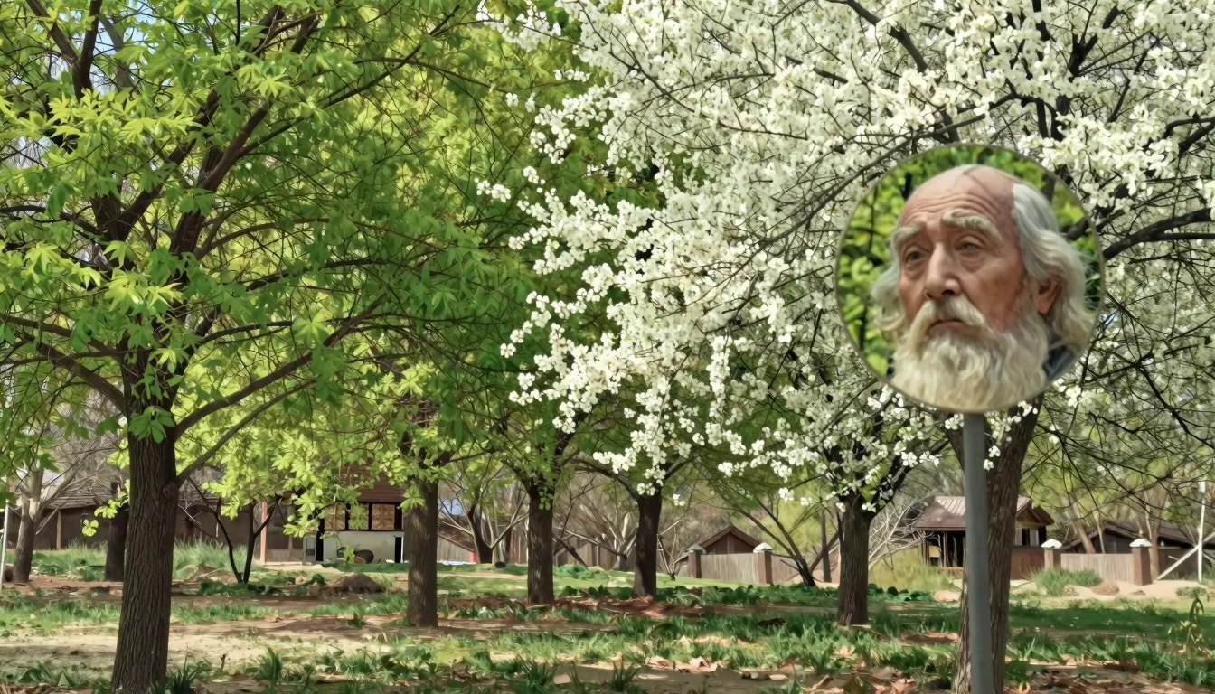 A beautiful spring landscape with blooming green trees and a...