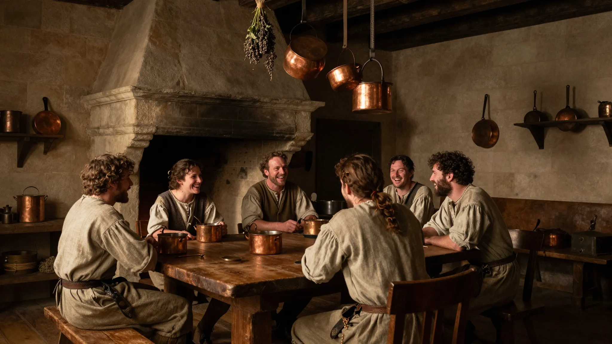 A dimly lit 17th-century French castle kitchen with a large ...