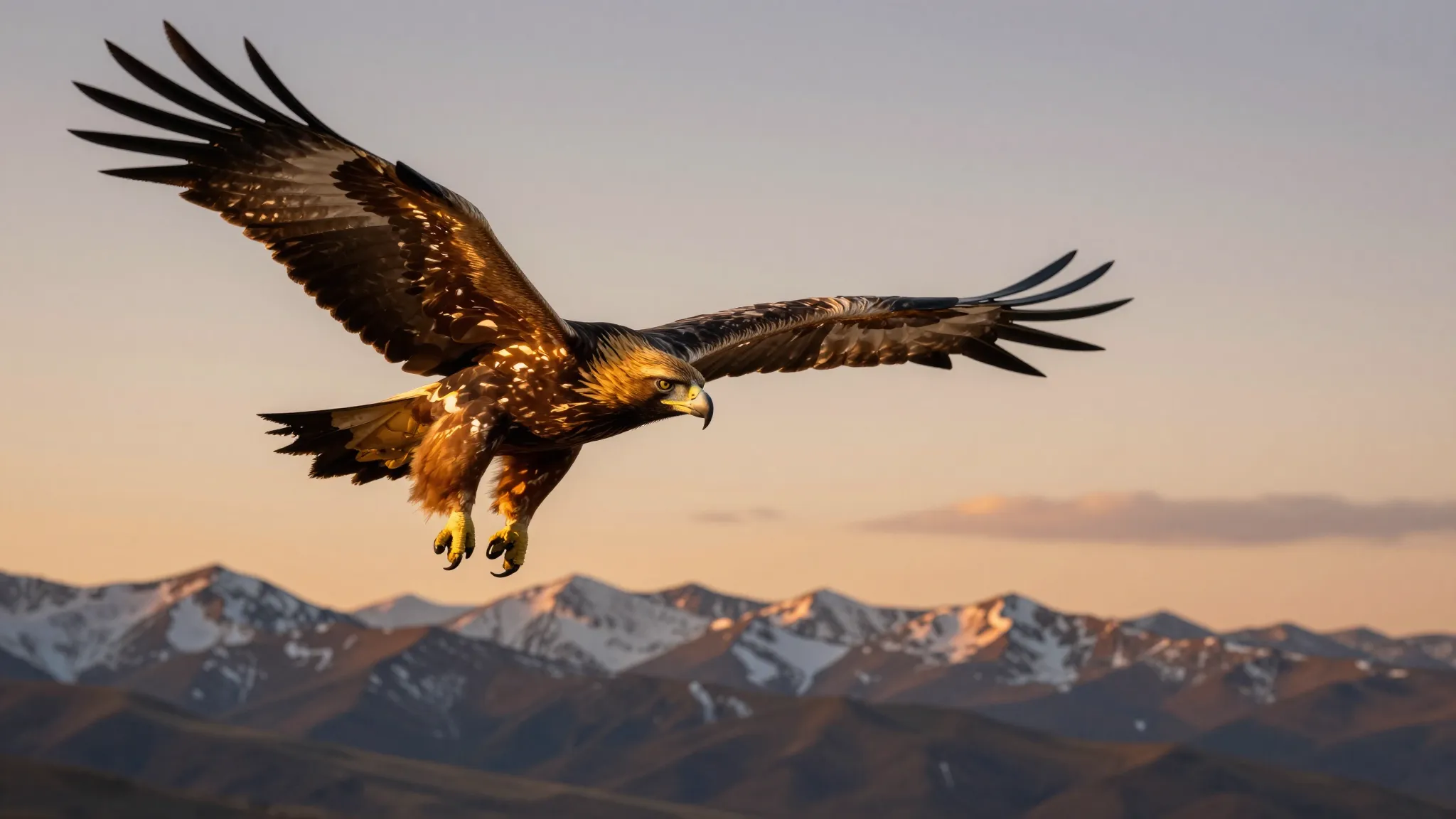 A majestic golden eagle soaring over the Kyrgyz mountains at...
