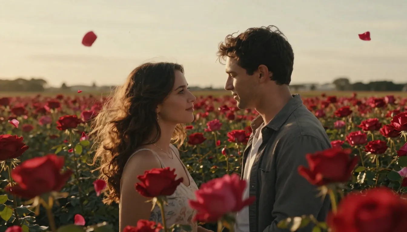 Cinematic wide shot of a couple in a field of scarlet roses,...