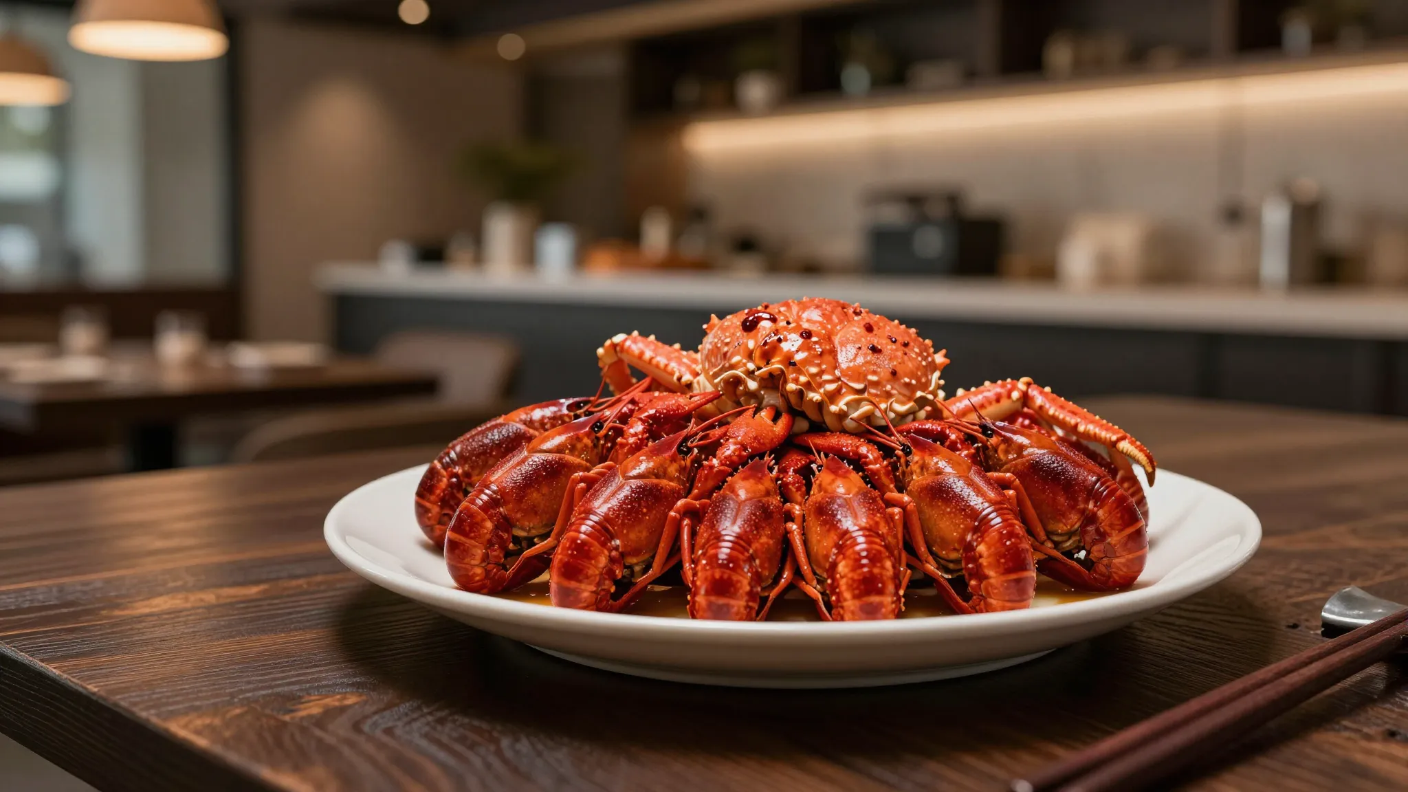 A premium platter of boiled red crayfish and king crab legs ...