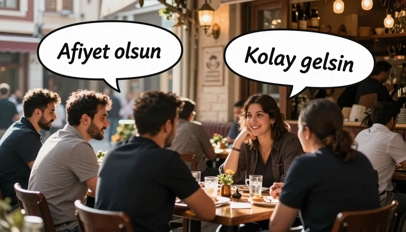 A cozy Turkish street cafe with people talking warmly, speec...