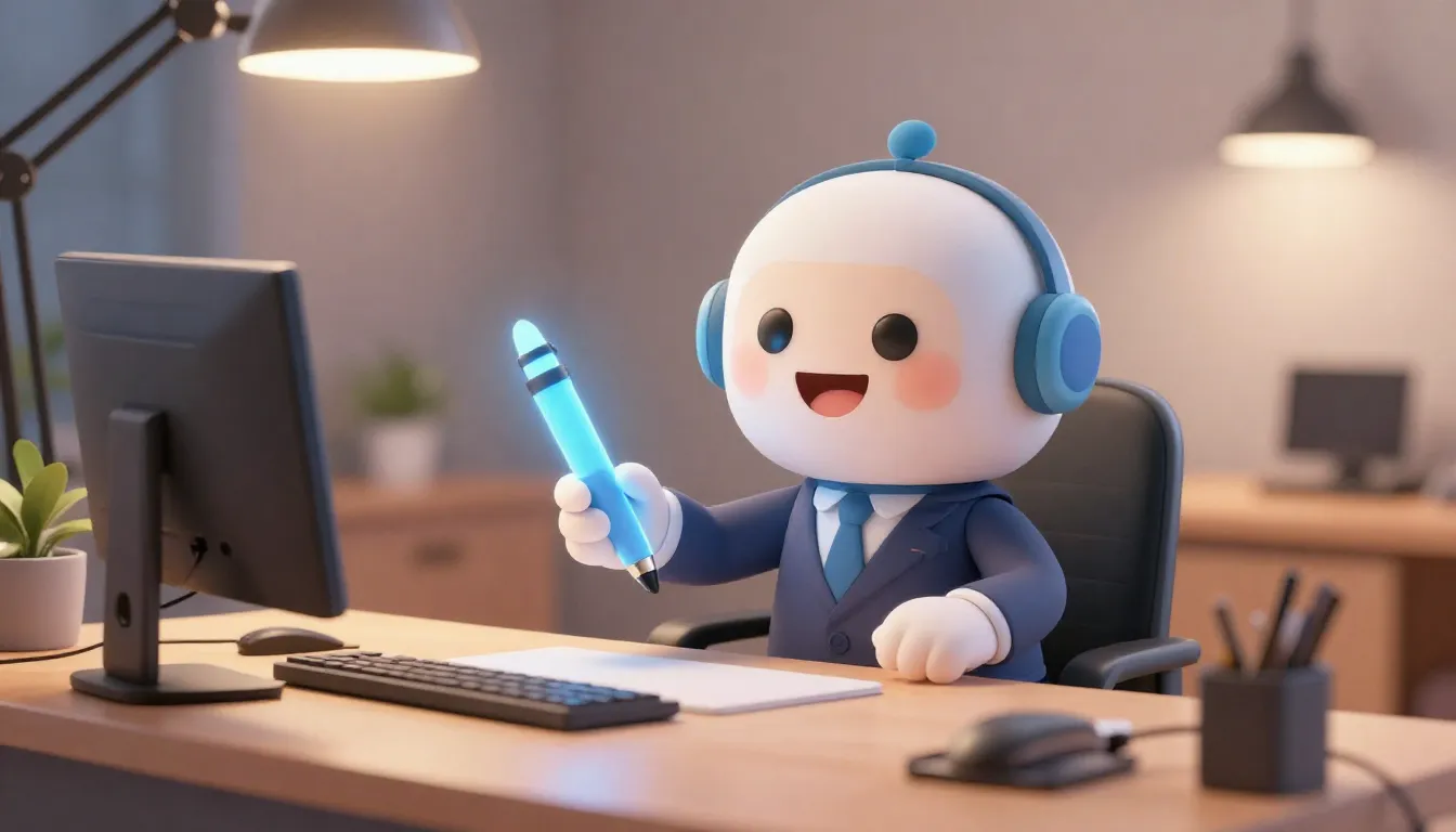 A friendly digital assistant character with a glowing pen, s...