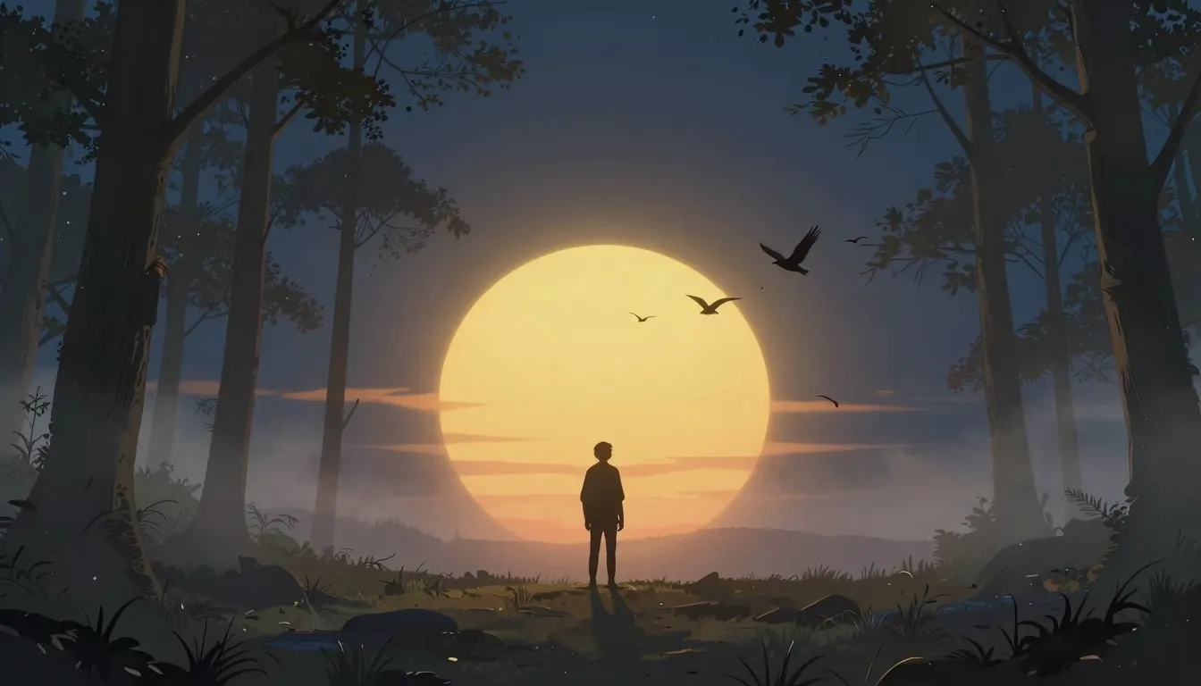 A wide shot of a serene landscape where night meets day, a p...