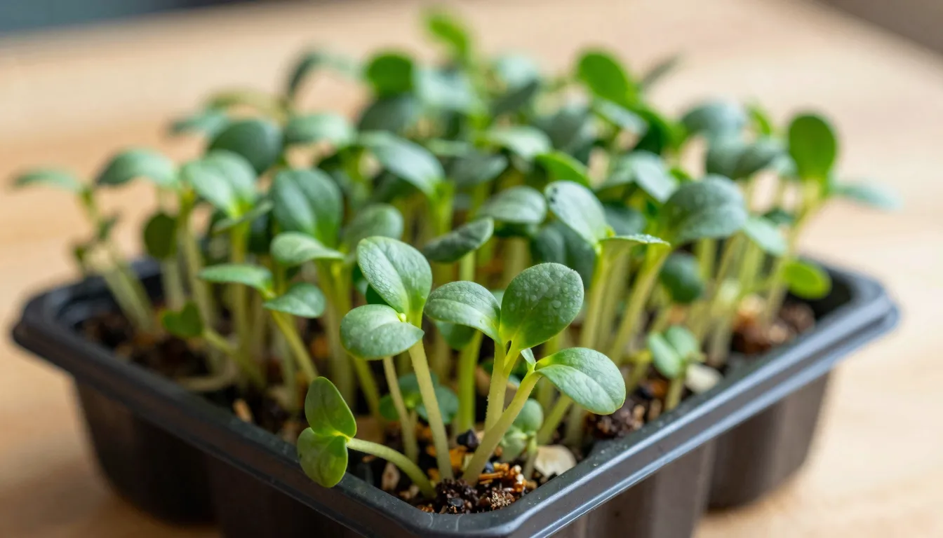 Close-up of fresh green microgreens growing in a tray on a w...