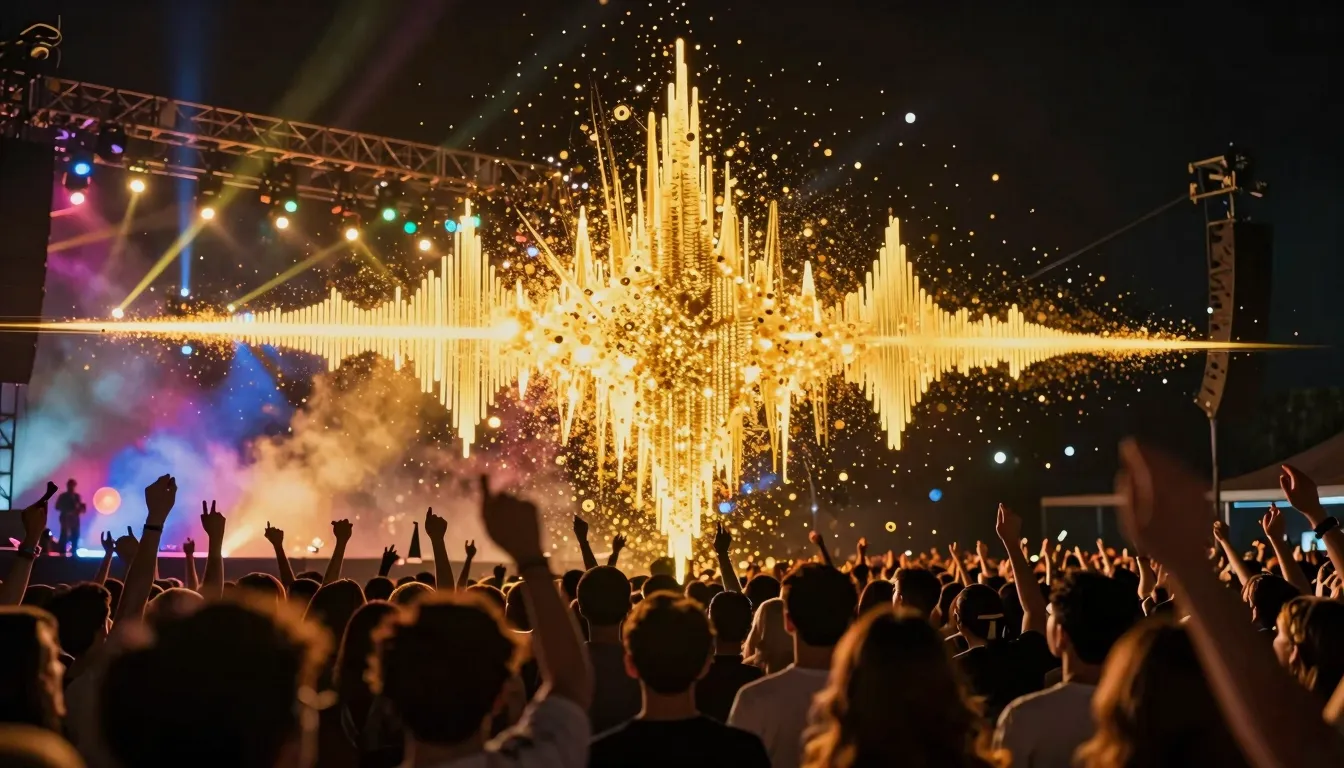 A futuristic digital visualization of sound waves turning in...