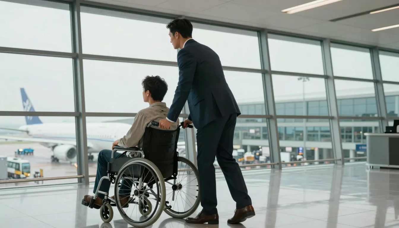 A cinematic scene in a modern, spacious airport terminal wit...