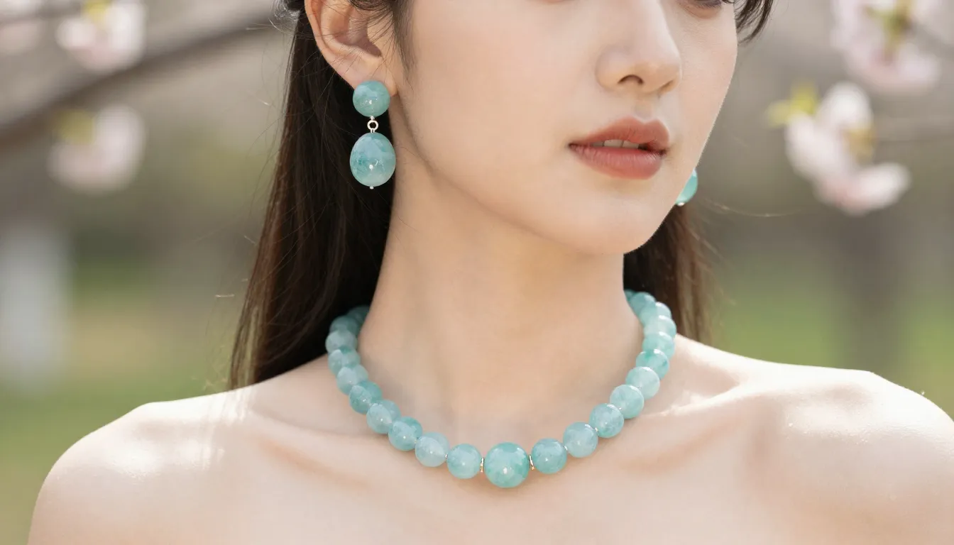 Elegant woman wearing aquamarine earrings and a fluorite nec...