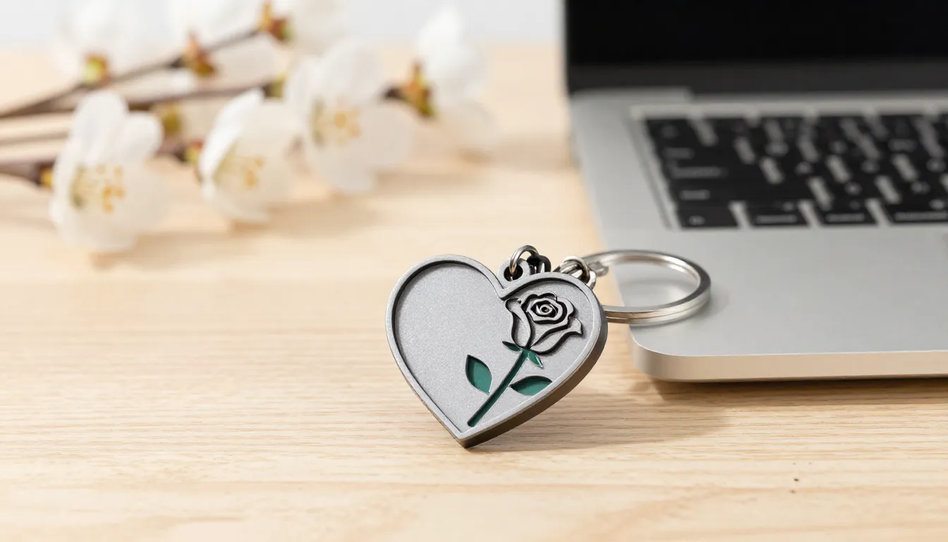 A stylish 3D printed keychain of a heart with a rose, lying ...