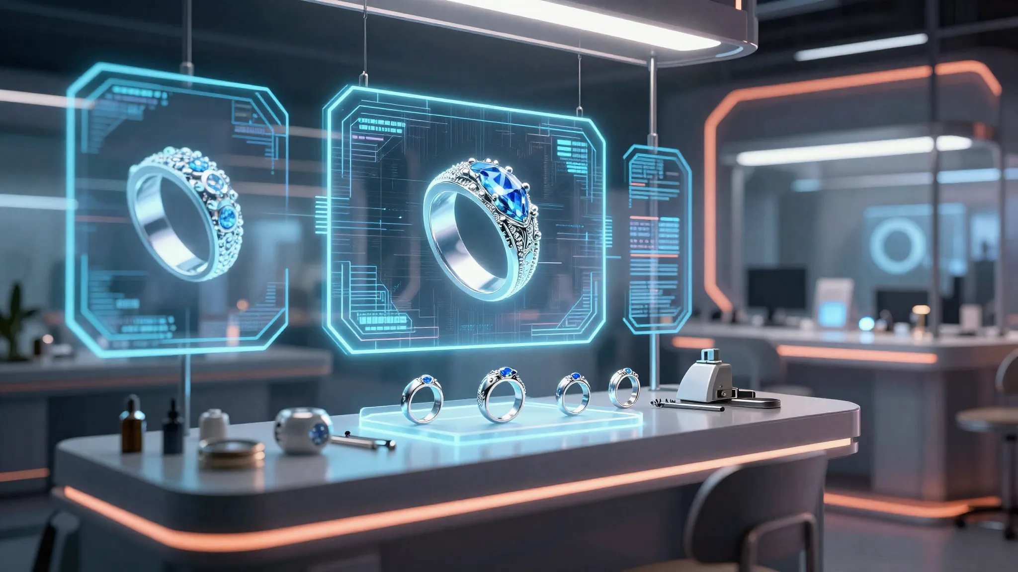 A futuristic jewelry workshop, holographic displays showing ...