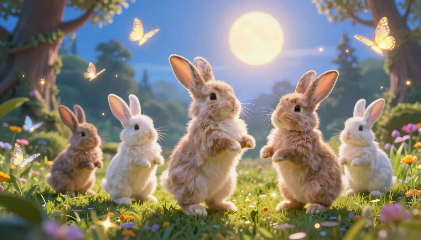 Hyper-realistic fluffy bunnies dancing on a vibrant fantasy ...