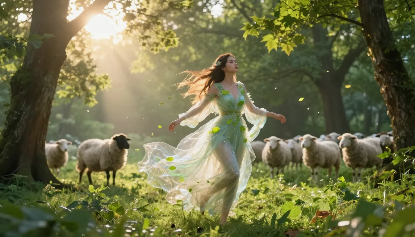 A beautiful translucent female spirit made of wind and leave...