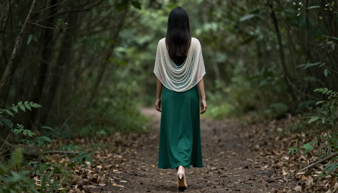A beautiful woman in a long bottle-green dress and a pearles...