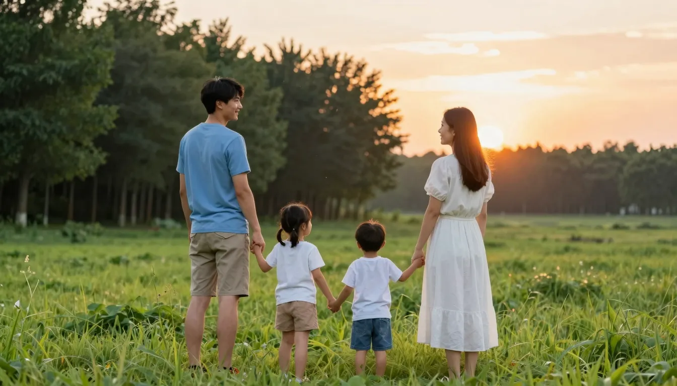 A happy family standing on a green field, holding hands, loo...