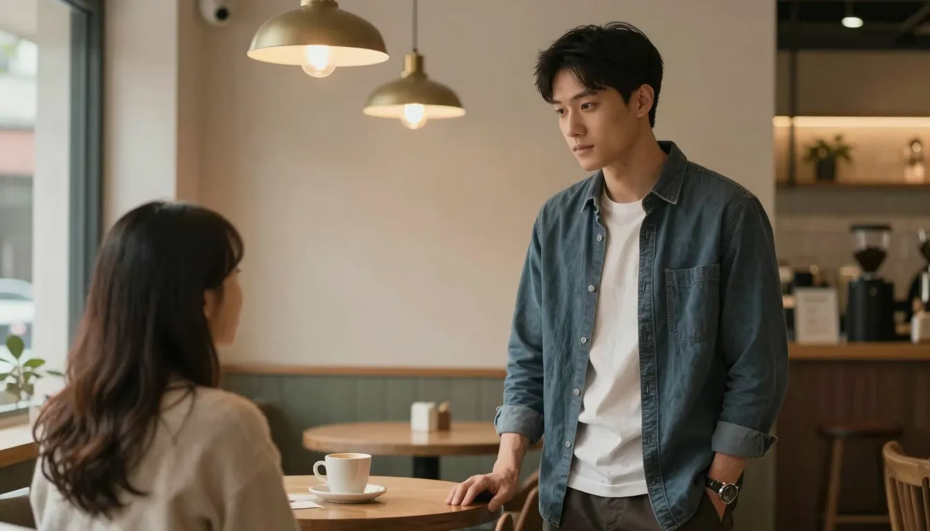 A realistic cinematic shot of a man standing near a cafe tab...