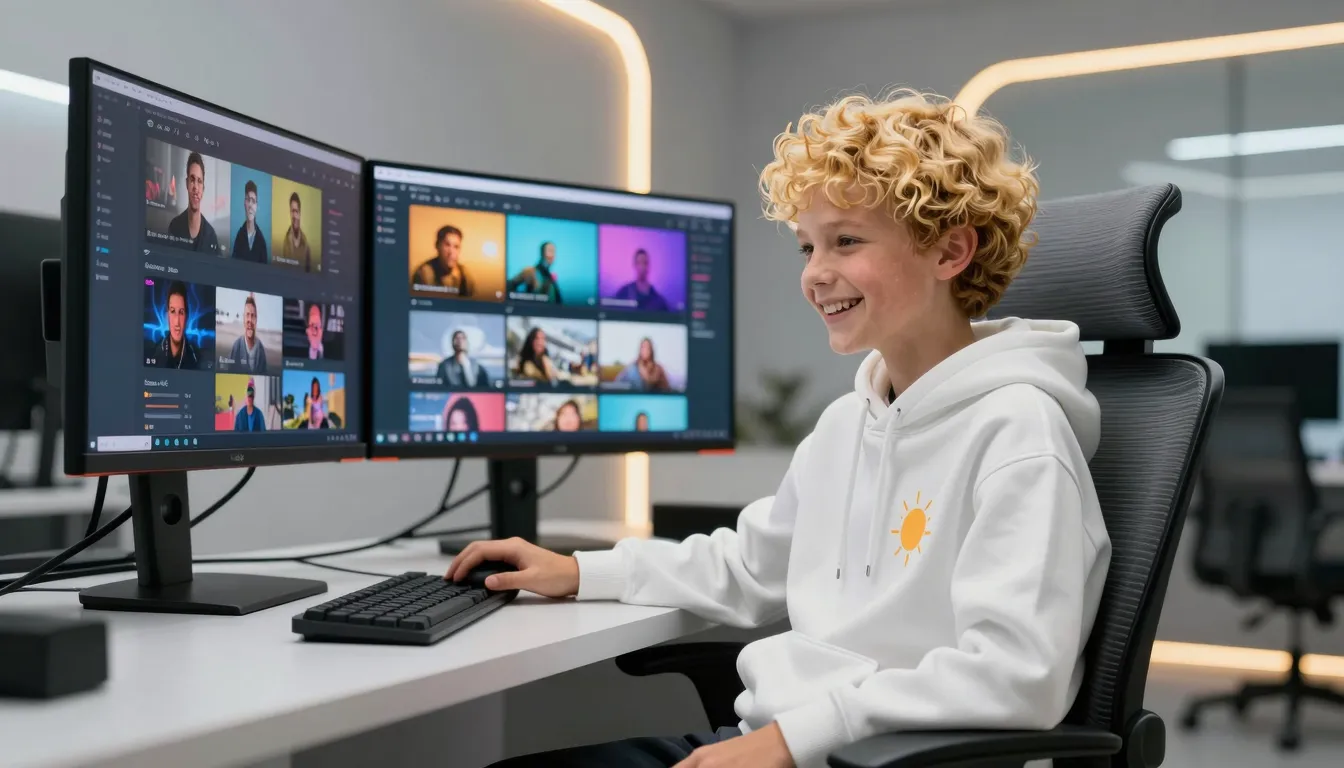 A 12-year-old boy with golden curly hair and glowing skin, w...