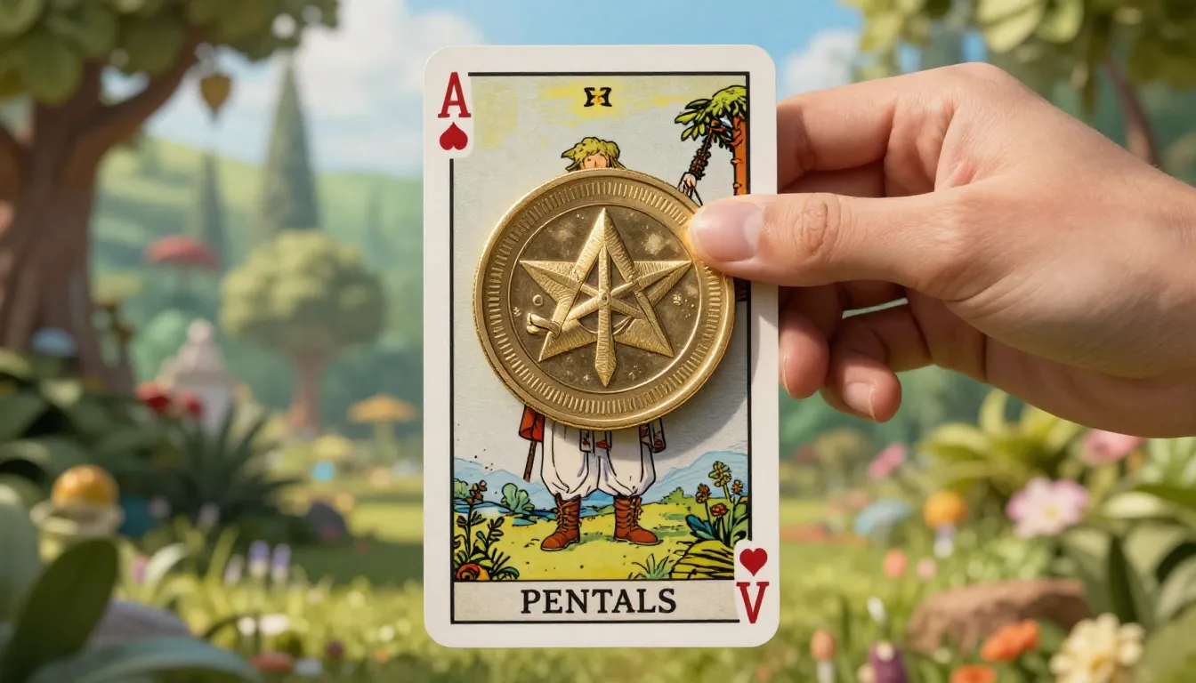 Hyper-realistic Ace of Pentacles tarot card, a divine hand h...