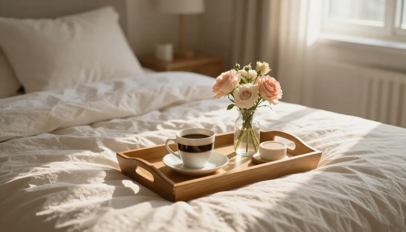 A cozy bedroom filled with soft morning sunlight, a tray wit...