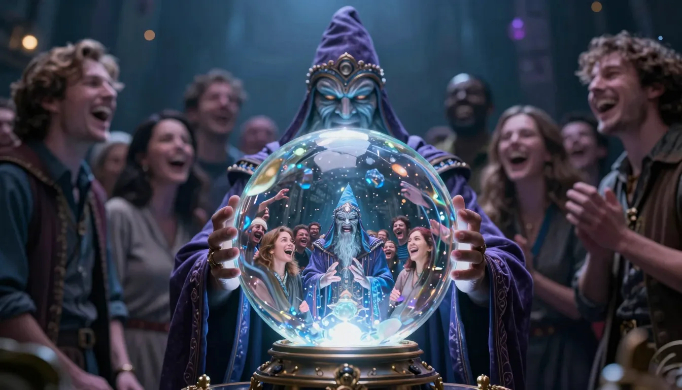 A mystical wizard with a glowing crystal ball that reflects ...