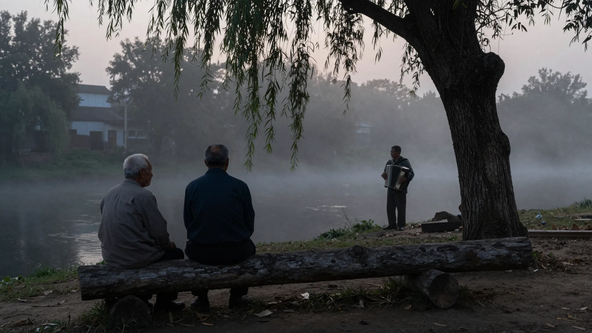 Two elderly men sitting on weathered wooden logs at the edge...