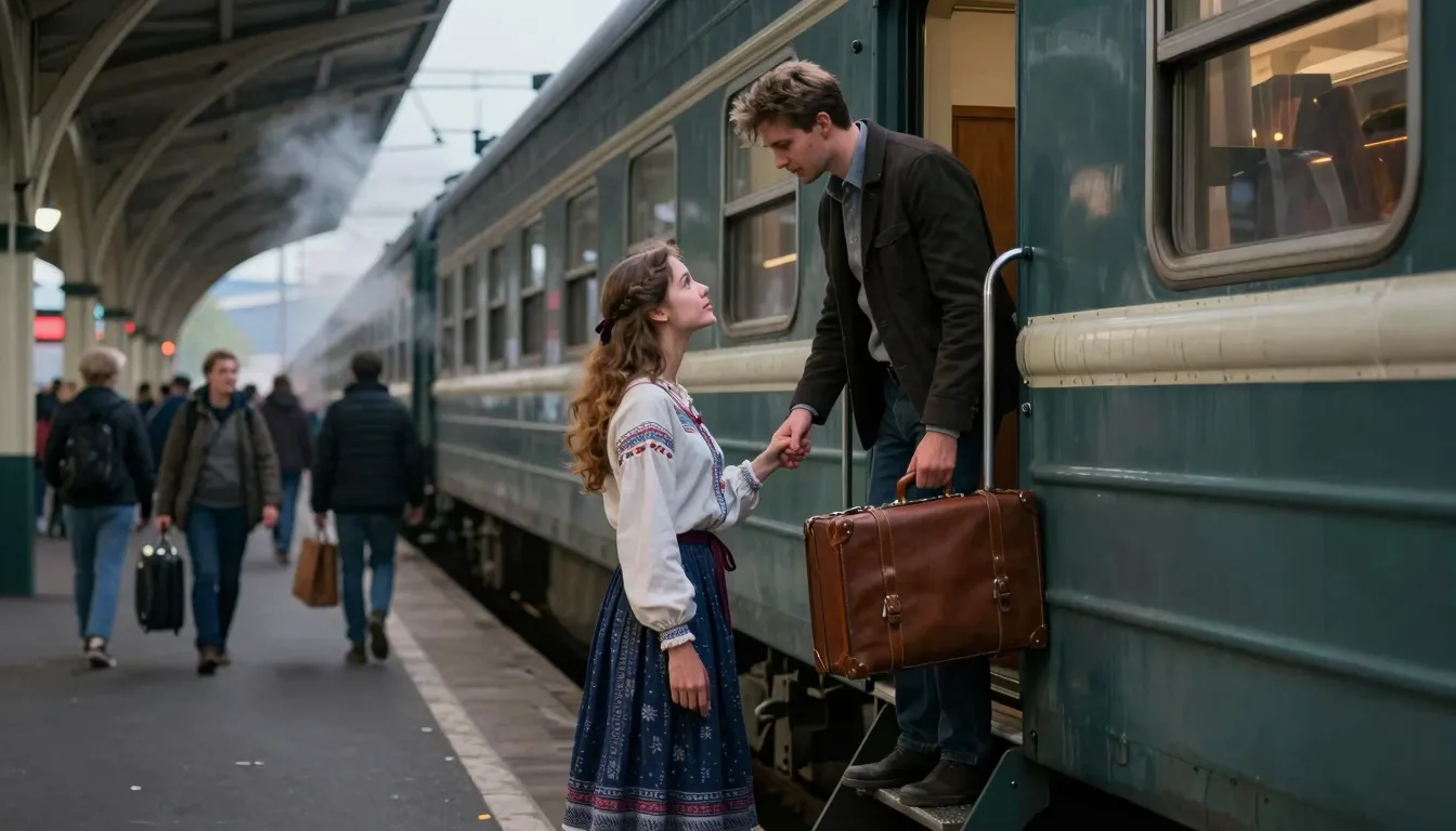 A beautiful young Slavic couple at a crowded railway station...