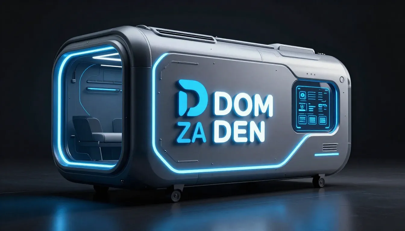 Logo for 'DOM ZA DEN', futuristic capsule house with glowing...