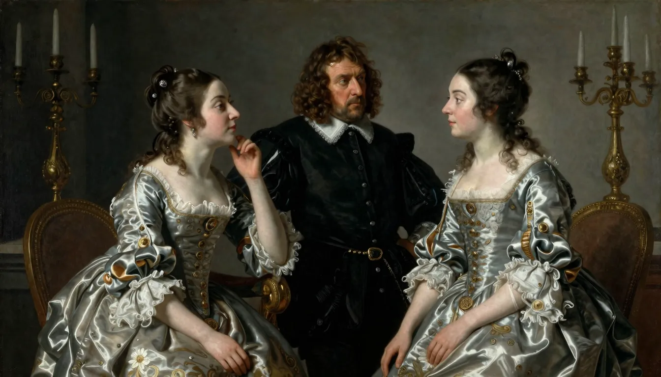 Oil painting, 17th century interior, a stern father in a dar...