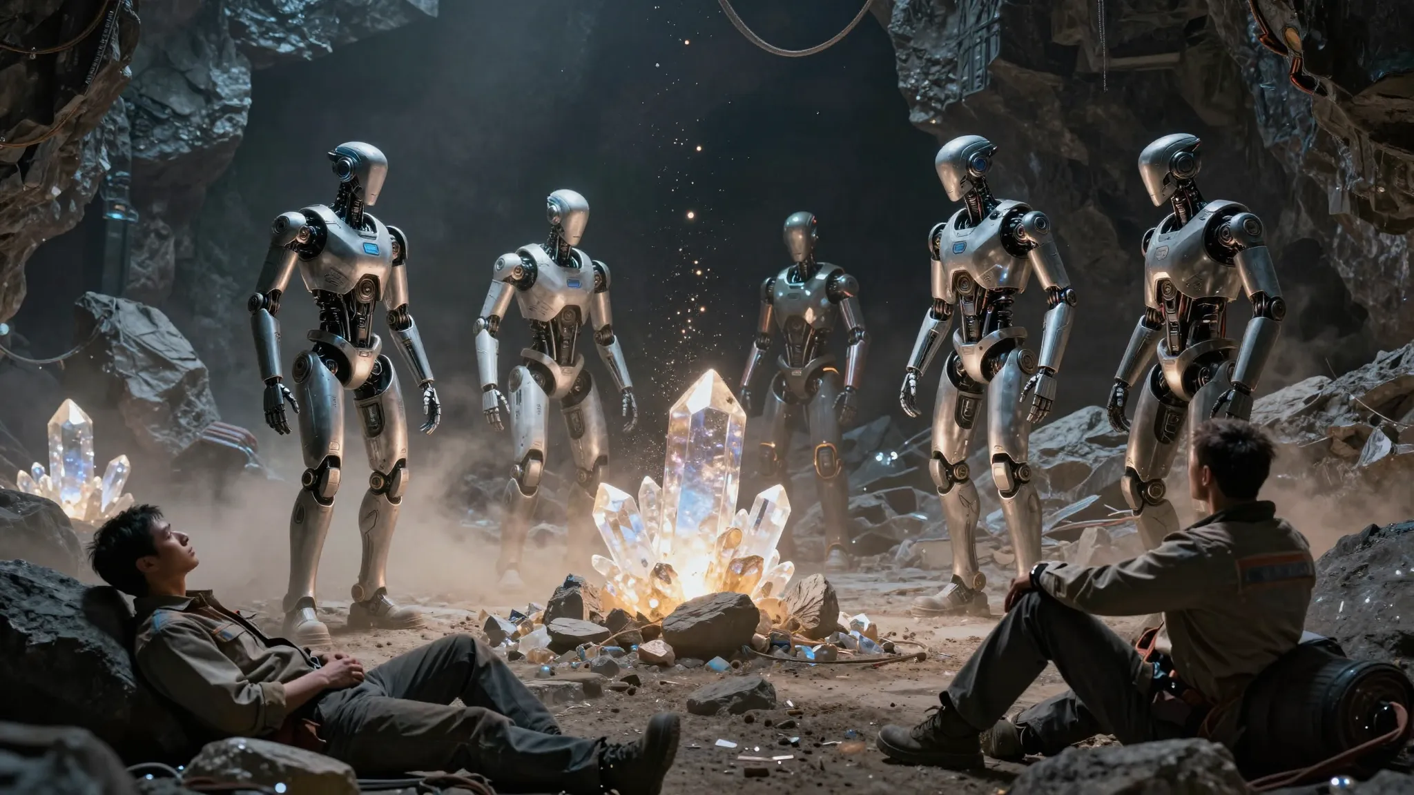 Cinematic sci-fi scene, futuristic androids mining glowing c...