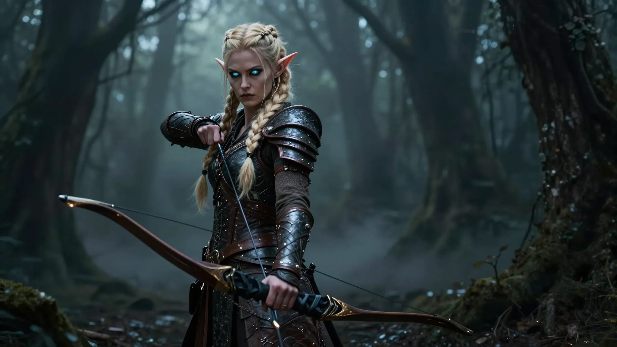 Dark fantasy style, a fierce elf warrior woman with long blo...