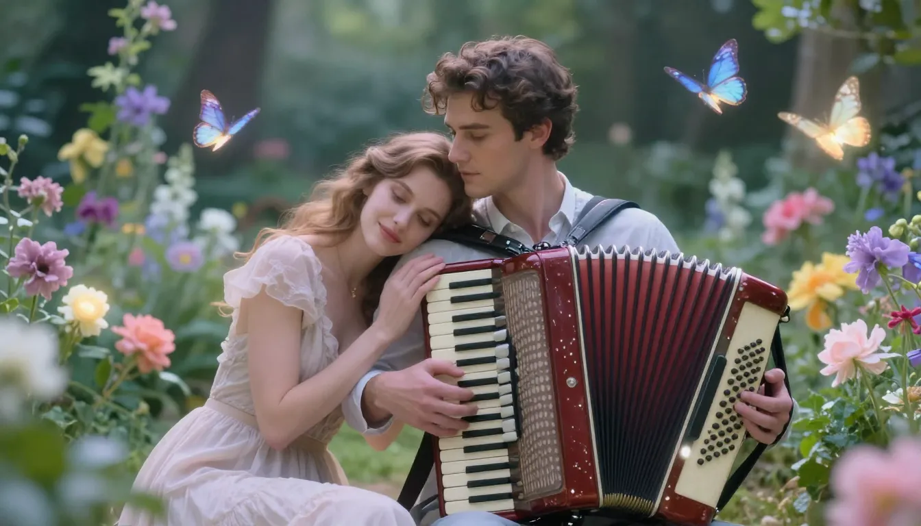 A romantic couple in a magical garden, a man with an accordi...