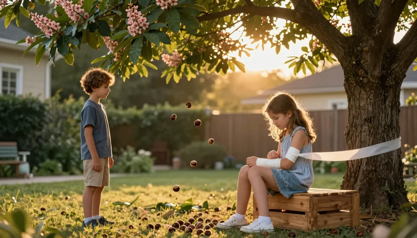 A poetic scene in a summer courtyard at sunset. A girl is si...