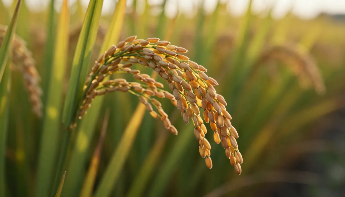 A detailed close-up of a golden rice stalk with ripe grains,...