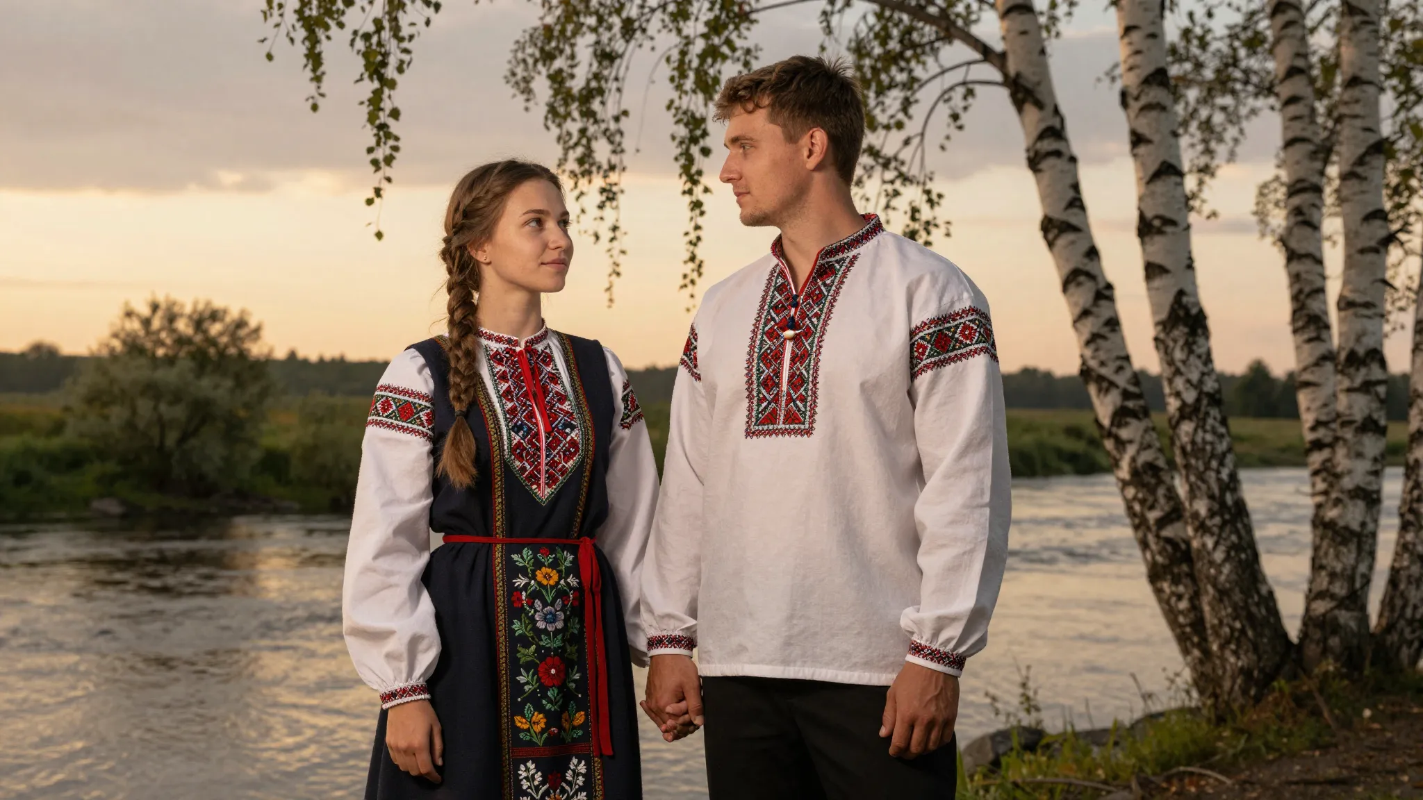 A beautiful young woman in a traditional Russian folk dress ...