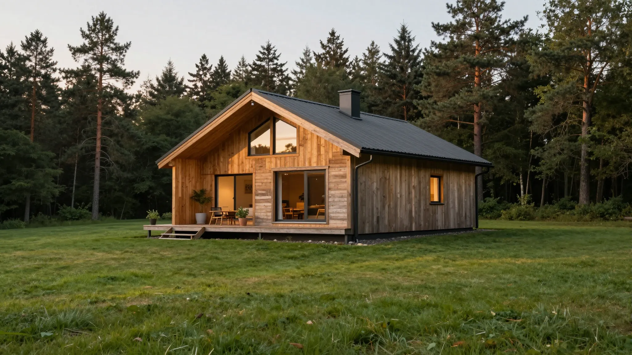A cozy modern wooden house on a flat green lawn near a pine ...