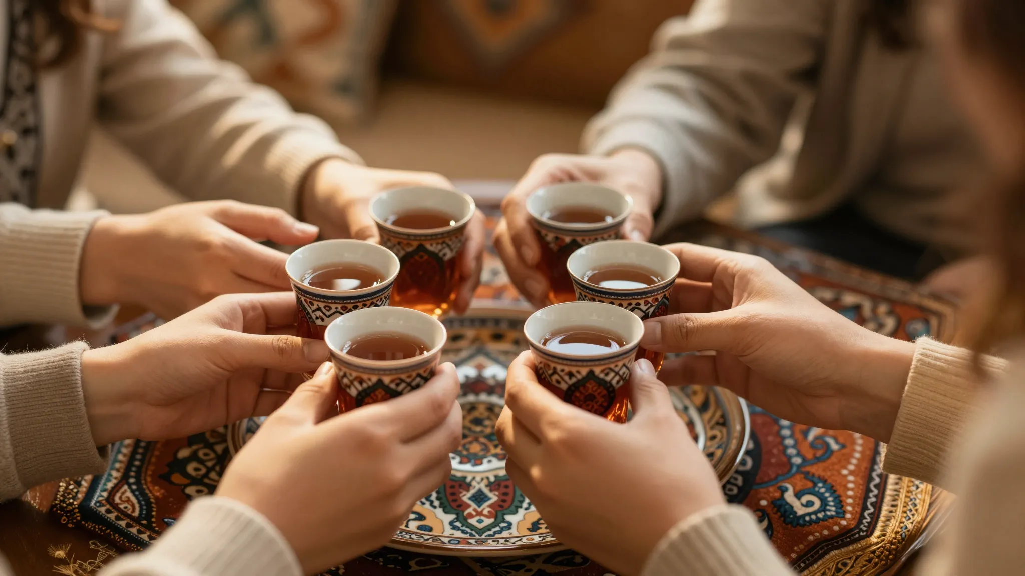Warm family atmosphere, hands holding traditional tea cups, ...