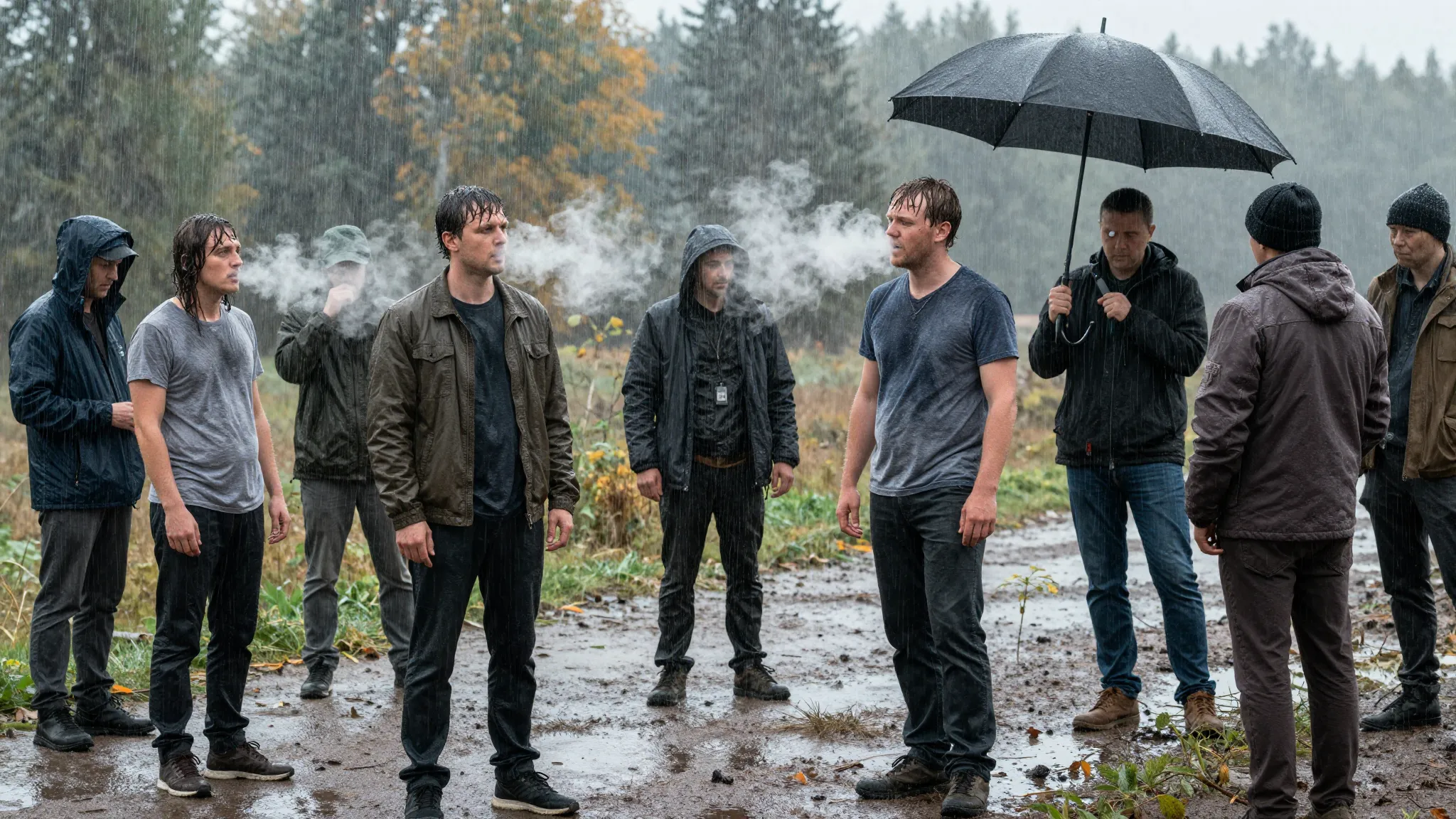 Behind the scenes of a movie production, a summer rain scene...