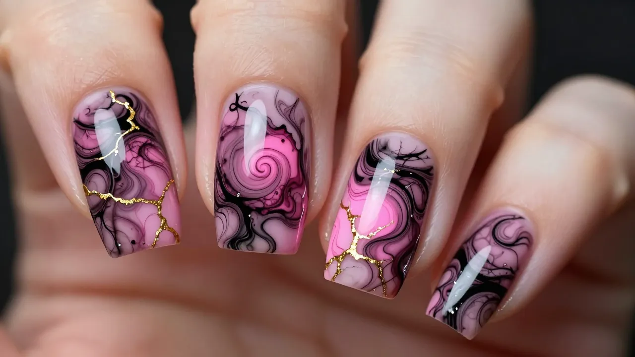 Close up of nails with chaotic magical patterns, ink marble ...