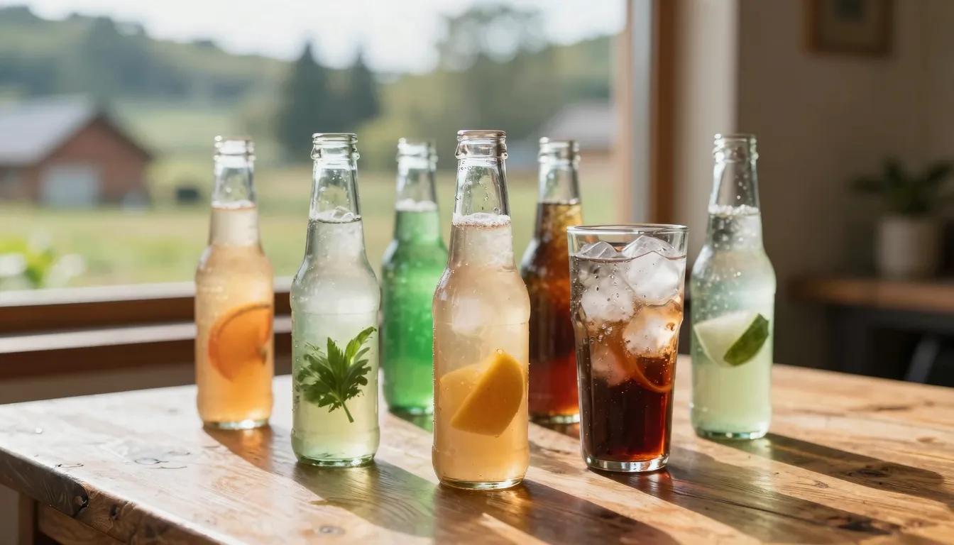 A professional photo of a variety of fresh cold drinks in gl...
