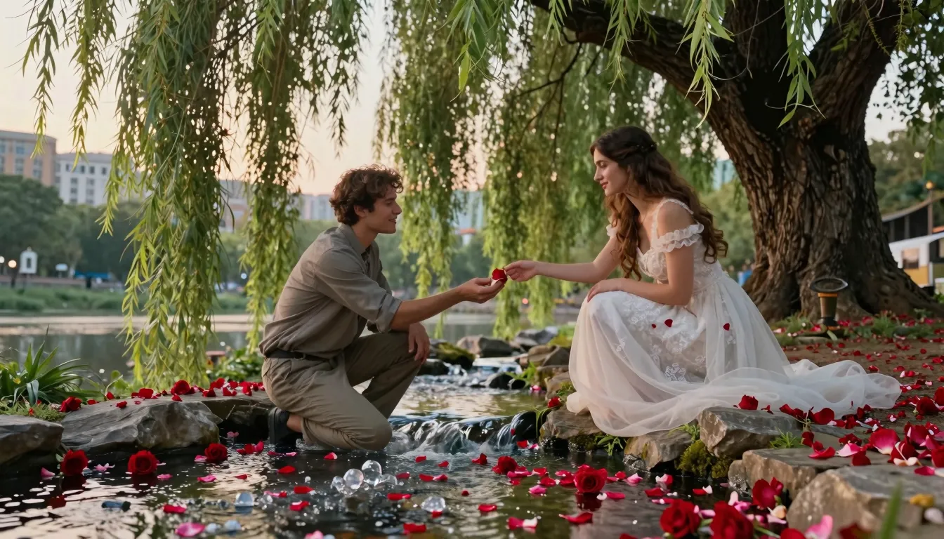 A romantic fantasy scene in a magical city. A young man and ...