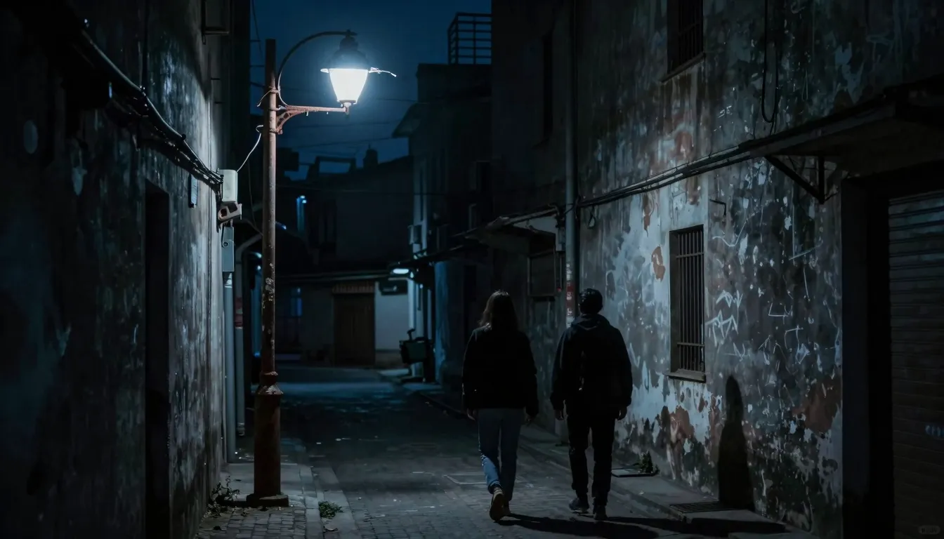 A dark city alley at night with a broken, dark street lamp. ...