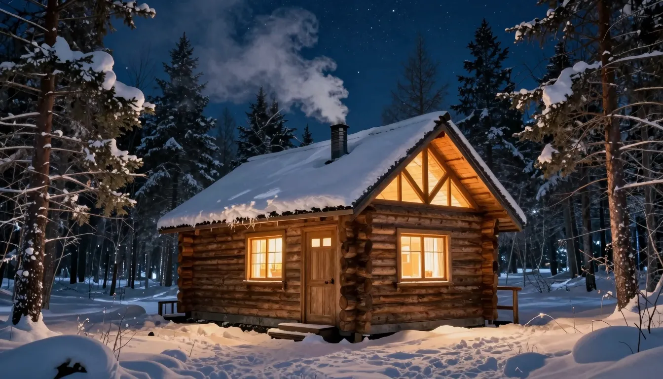 A cozy wooden cabin deep in the snowy taiga forest, smoke co...