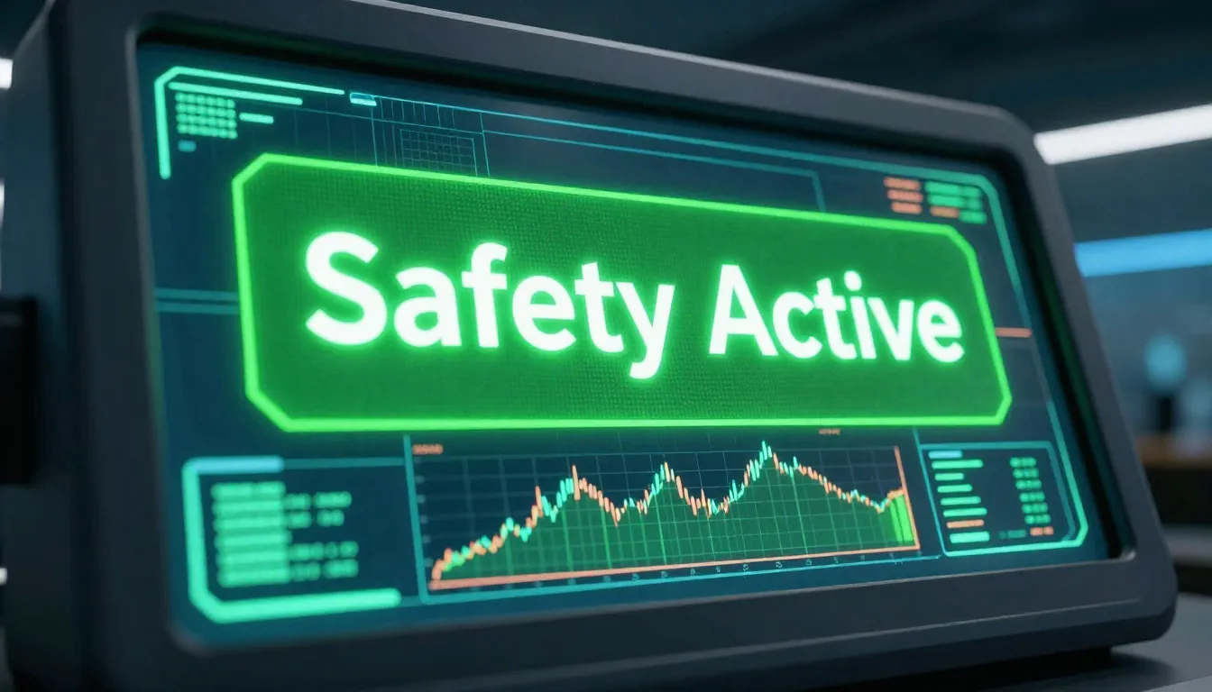 A futuristic trading terminal screen with a large green 'Saf...