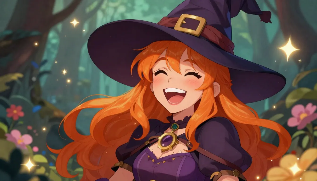 A beautiful young witch with bright orange hair and a wide s...